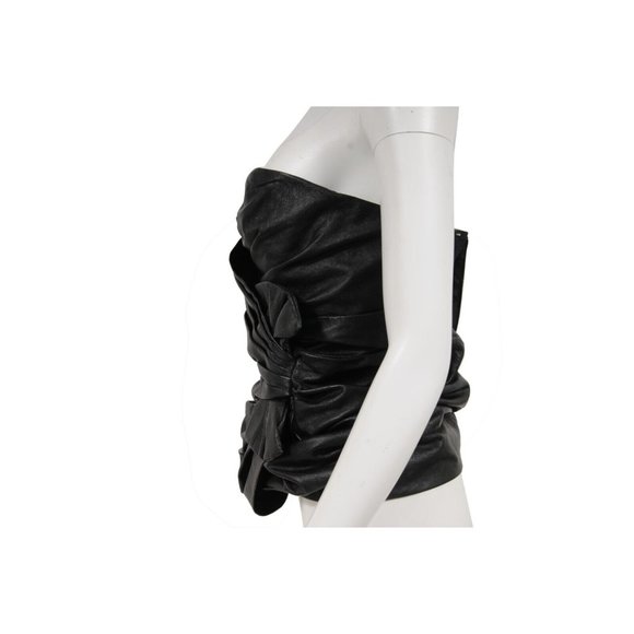 Saint Laurent Womens Strapless Mini Dress Size 38 Black Leather Side Bow Ruffled - Picture 4 of 13